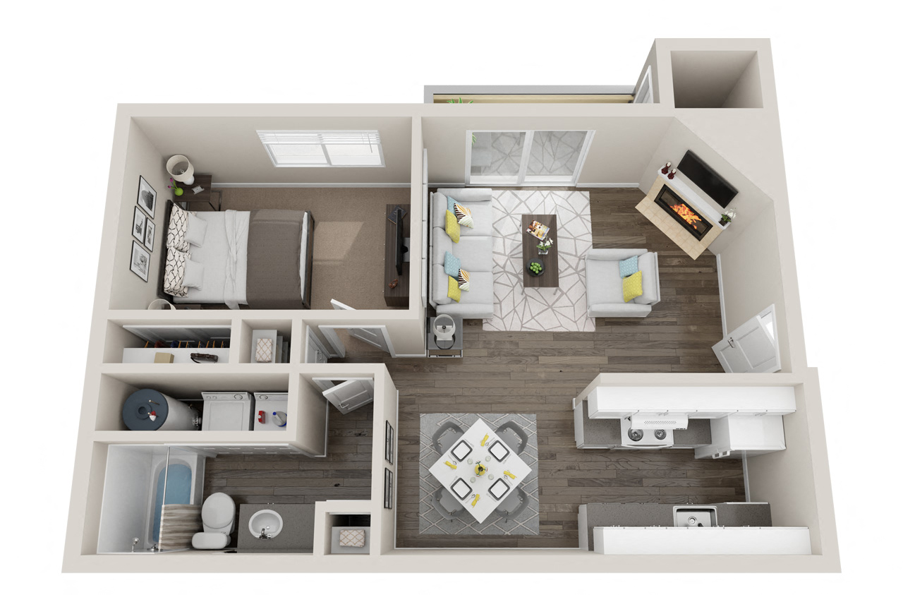 A 1 bedroom floor plan with virtual staging. at Quartz Creek, Mountlake Terrace, WA, 98043